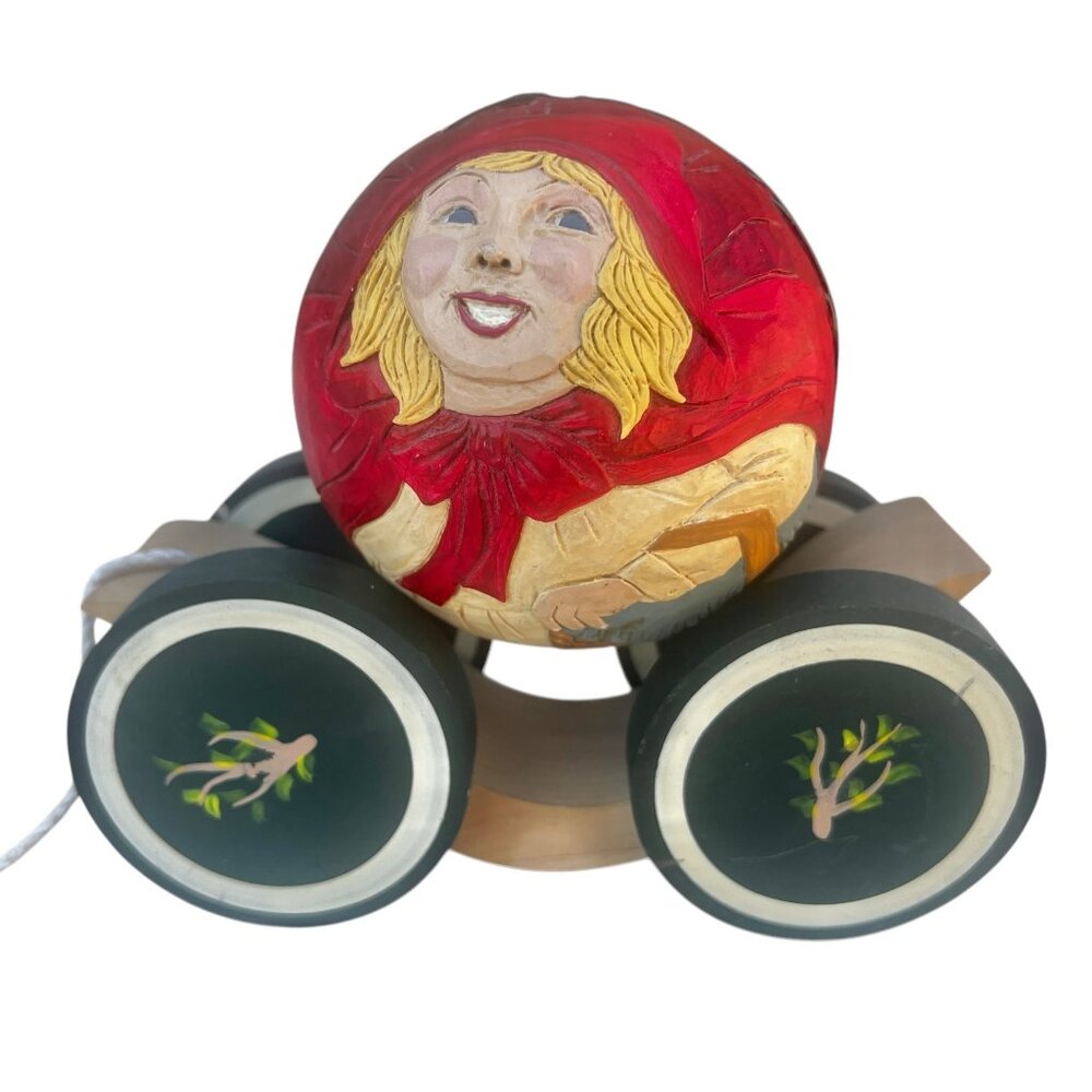 Handcrafted 1992 Briere Wooden Pull Toy With Little Red Riding Hood & Big Bad Wo